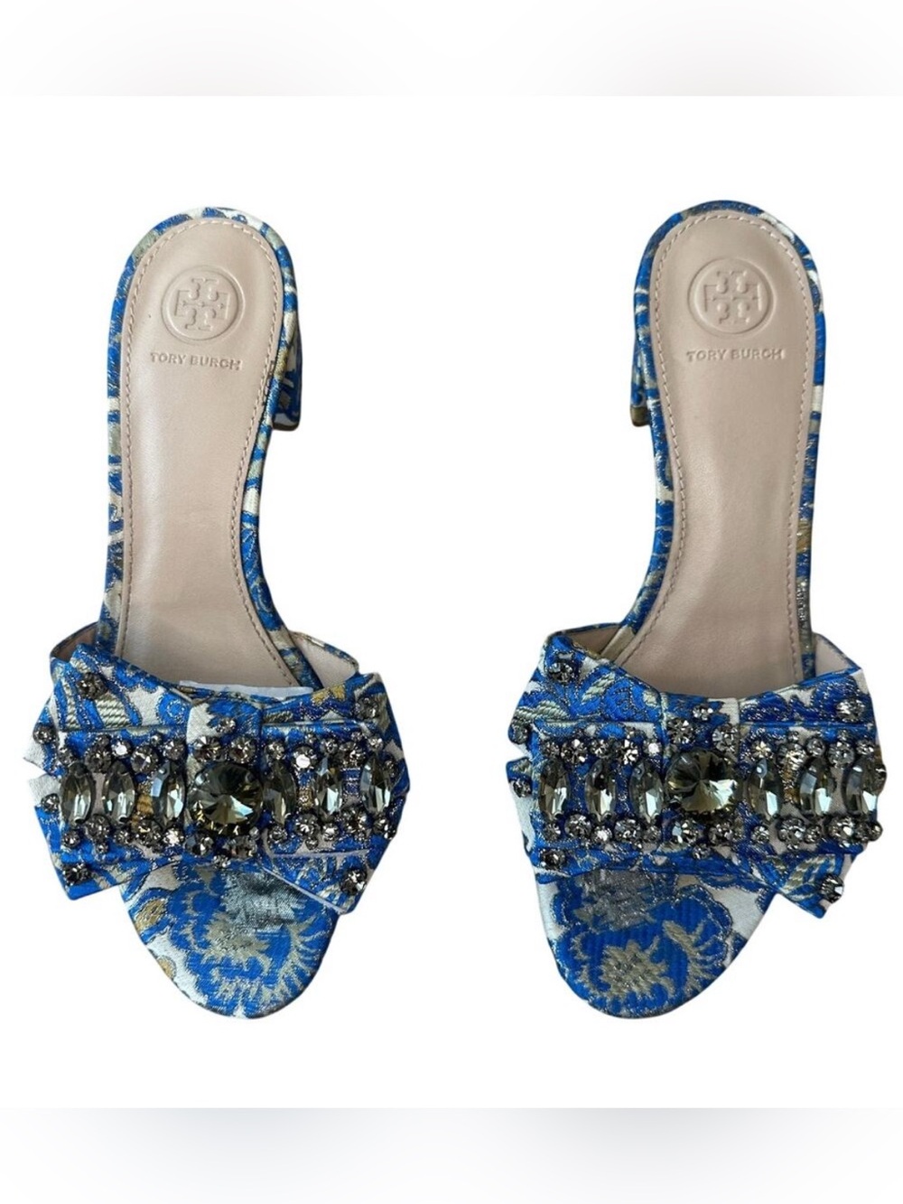 Tory Burch Valentina Brocade Crystal Bow Slide Sandals Blue Gold 8
